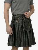 Person wearing a black leather kilt with metal accents on a white background