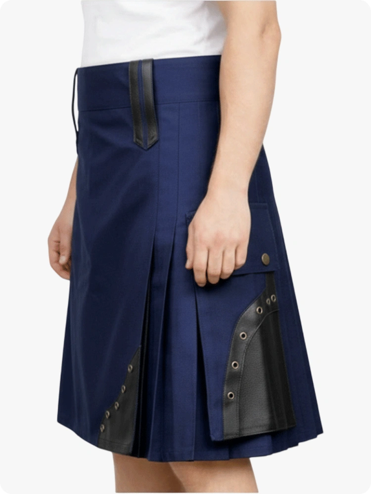 Navy blue skirt with black accents on a white background