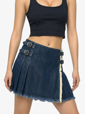 Custom Made Dark Blue Women Denim Pleated Kilt