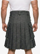 Gray kilt worn by a person on a white background
