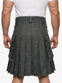 Gray kilt worn by a person on a white background