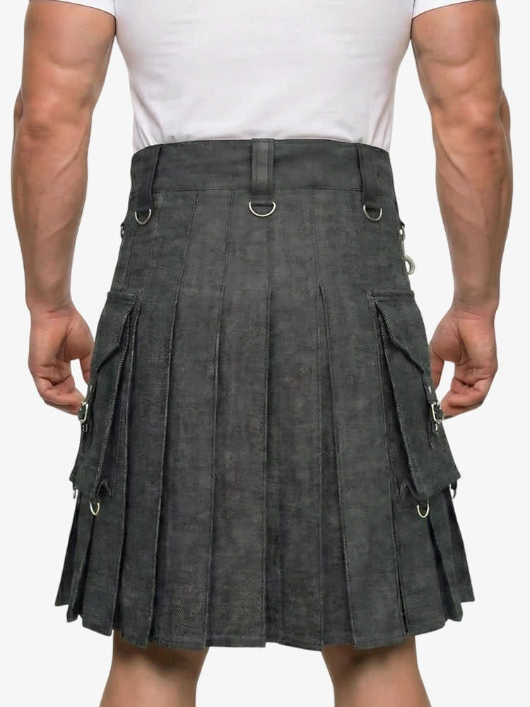 Gray kilt worn by a person on a white background