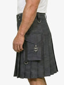Gray kilt worn by a person on a white background