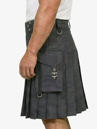 Gray kilt worn by a person on a white background