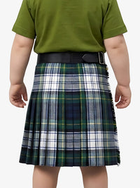 Person wearing a green shirt and plaid kilt on a white background