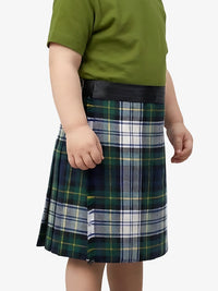 Person wearing a green shirt and plaid skirt on a white background