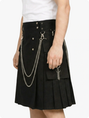 Black pleated skirt with chain details on a white background