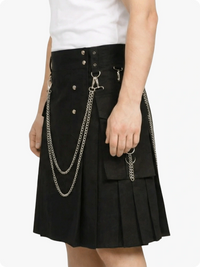 Black pleated skirt with chain details on a white background