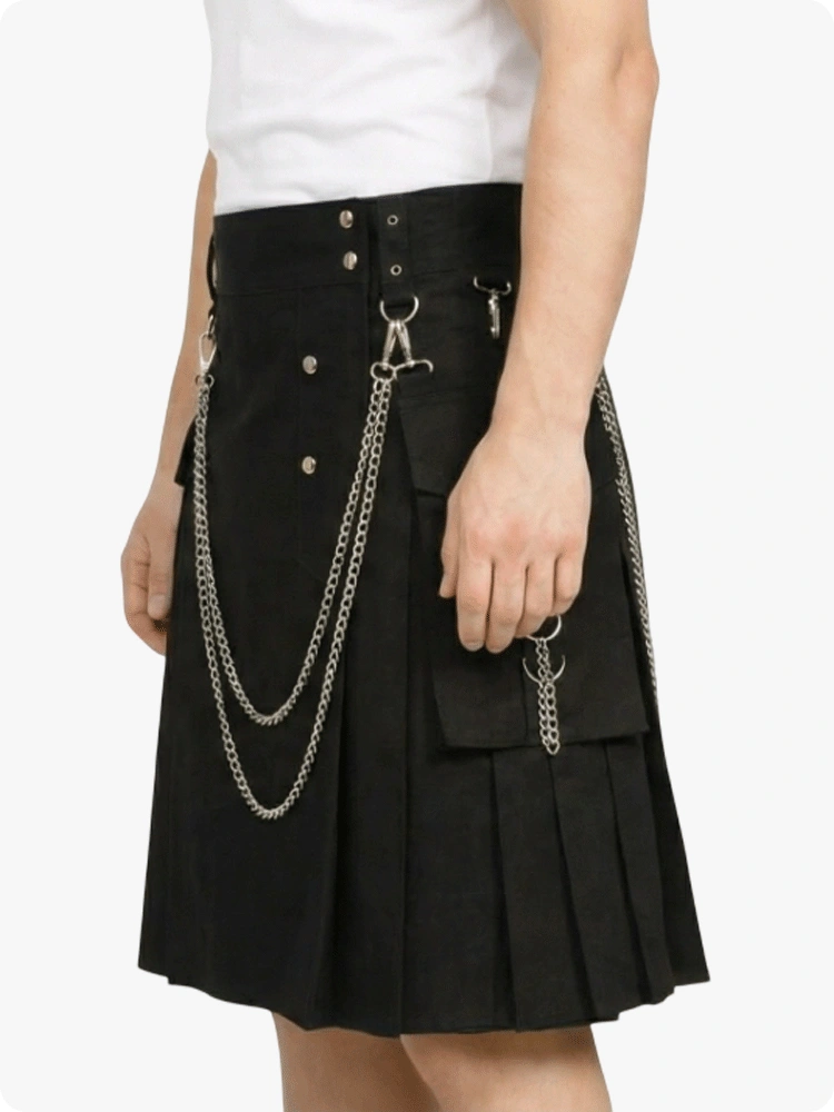 Black pleated skirt with chain details on a white background