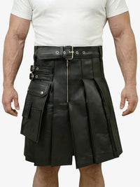 Black leather kilt with multiple pockets and zippers worn by a person on a white background