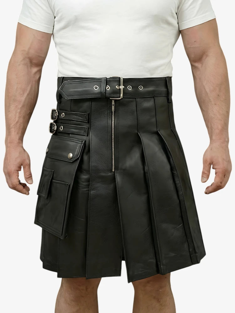 Custom Made Genuine Black Leather Kilt With Side Pocket