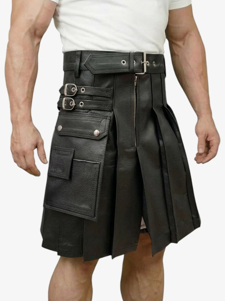 Custom Made Genuine Black Leather Kilt With Side Pocket