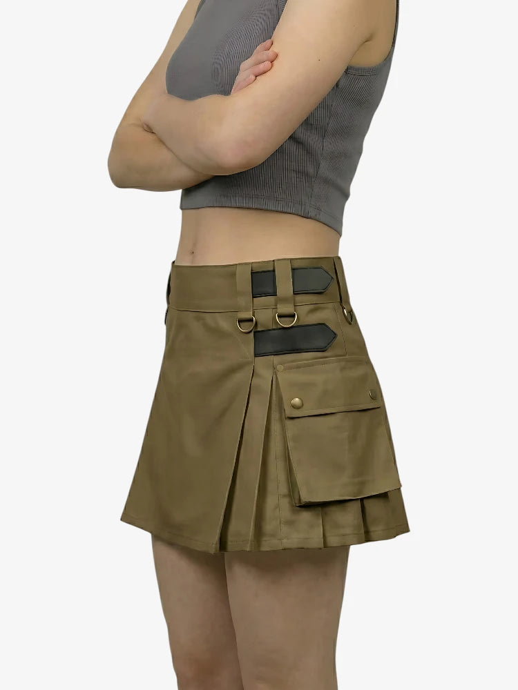 Green tactical skirt worn by a person on a white background