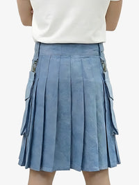 Blue pleated skirt worn by a person on a white background