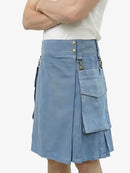 Blue denim skirt with multiple pockets and buttons on a white background