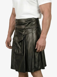Person wearing a black leather kilt on a white background