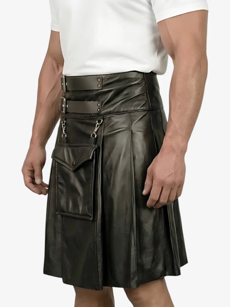 Person wearing a black leather kilt on a white background