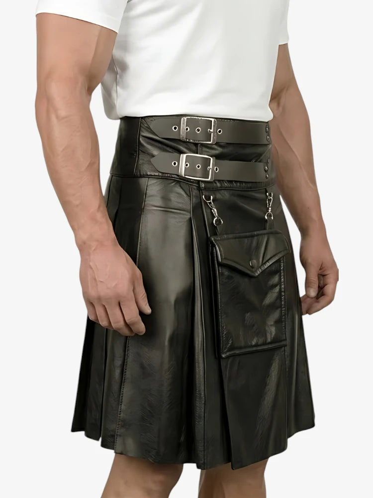 Custom Made Men Black Cowhide Leather kilt