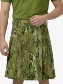 Camouflage kilt worn by a person on a white background