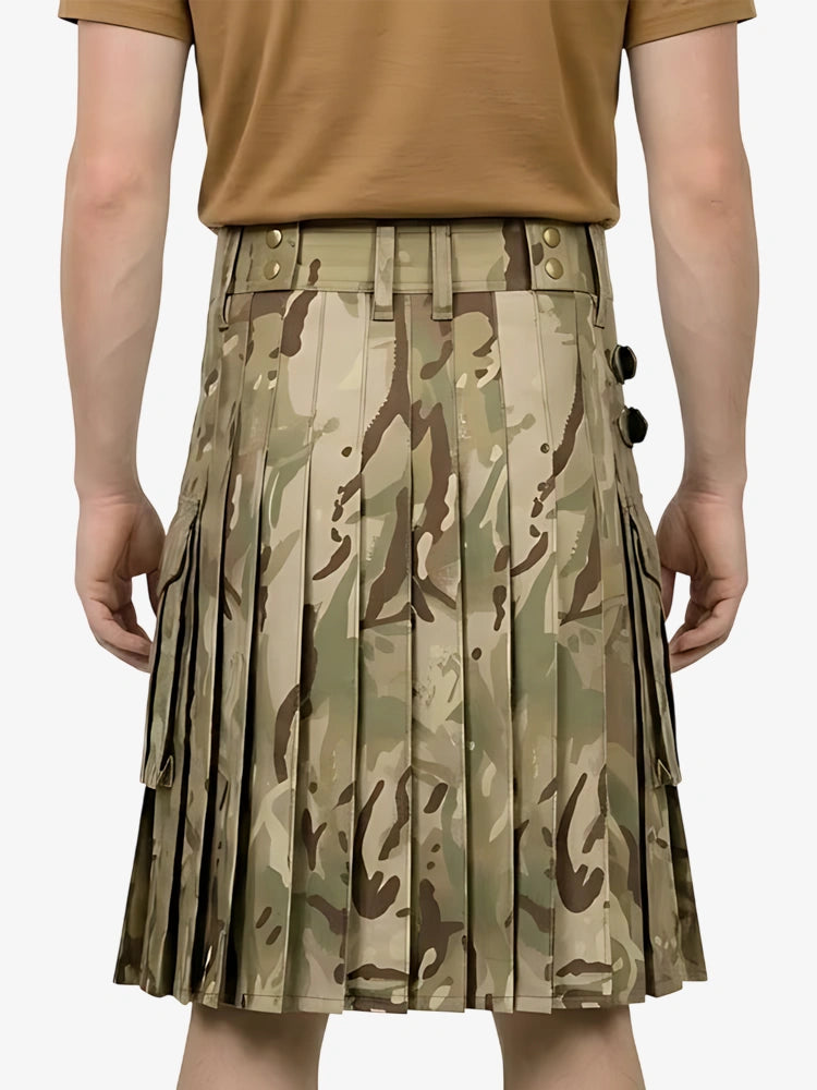Camouflage pleated skirt worn by a person on a white background