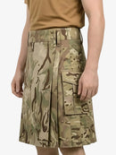 Camouflage cargo shorts worn by a person on a white background