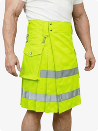 Person wearing a bright yellow safety kilt with reflective stripes on a white background