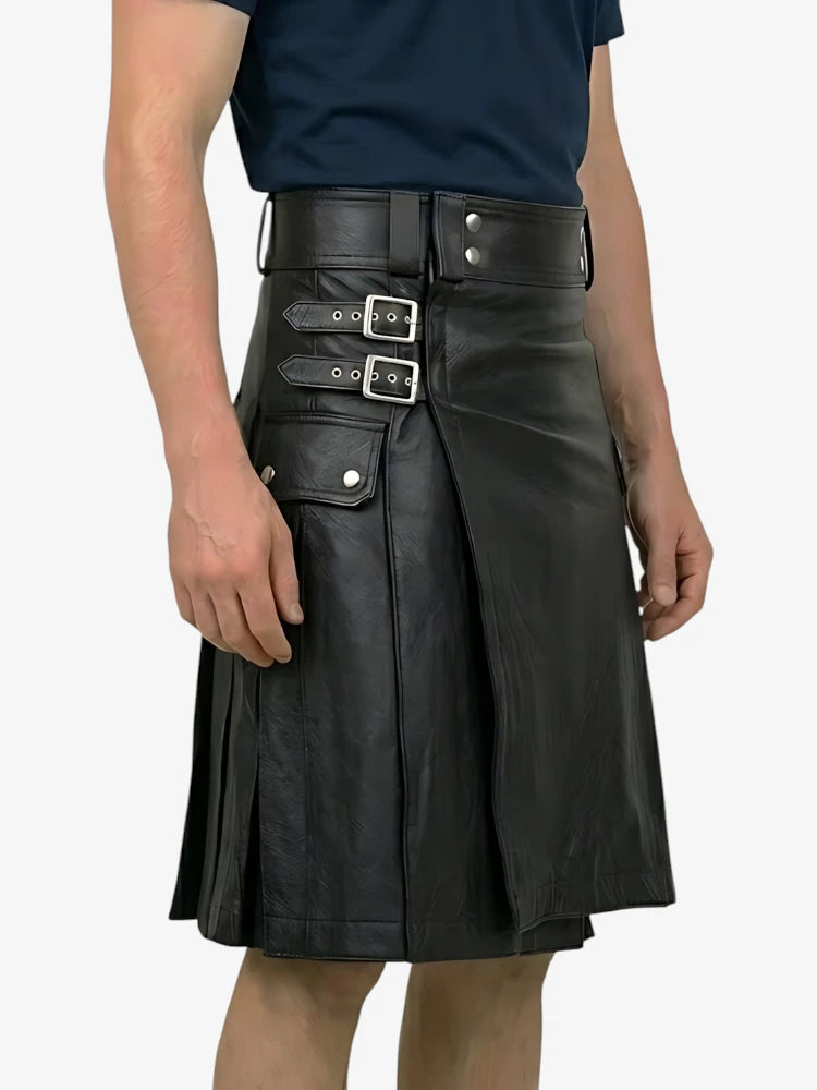 Custom Made Pure Black Stylish Leather Kilt
