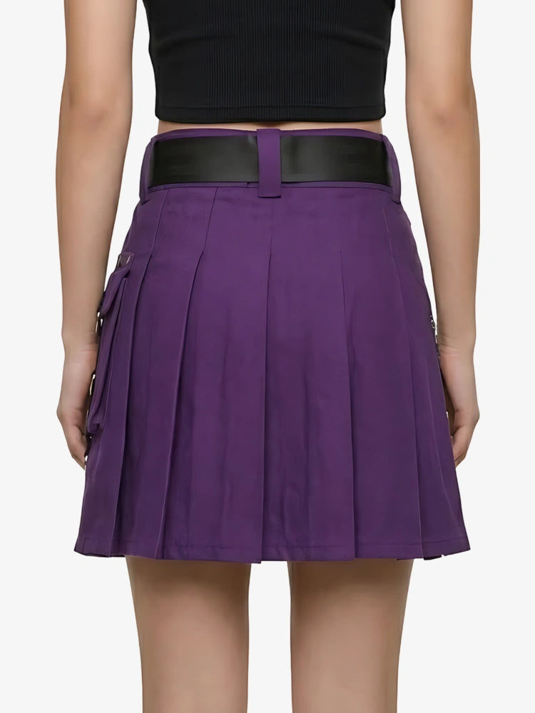 Purple pleated skirt with a black belt worn by a person on a white background
