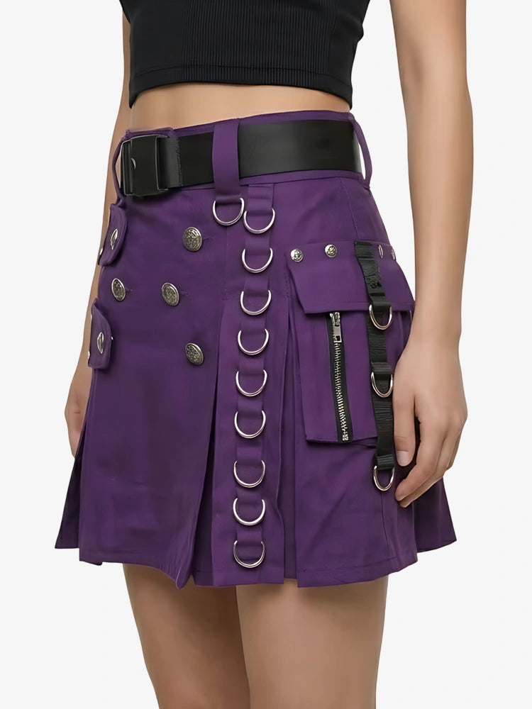 Purple skirt with metallic accents and a black belt on a plain background