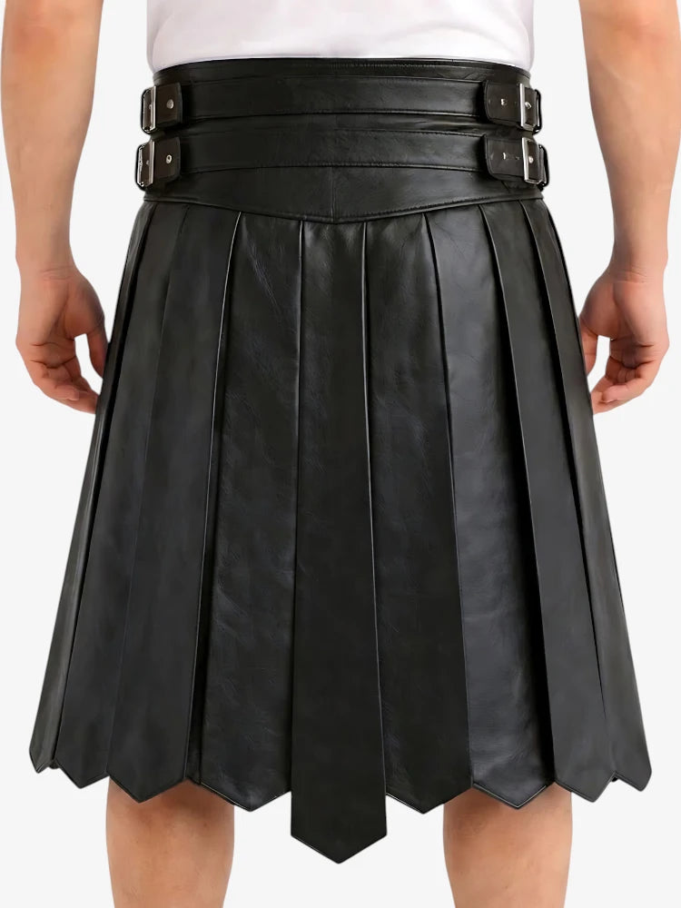 Black pleated leather skirt with belt on a white background