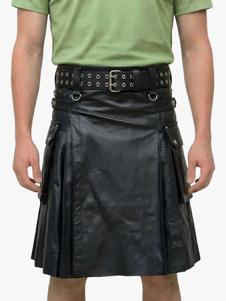 Custom Made Scottish Active Men Black Leather Kilt