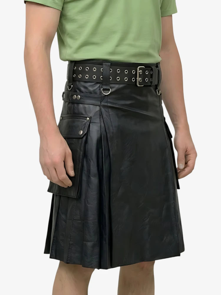 Custom Made Scottish Active Men Black Leather Kilt