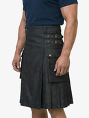 Person wearing a black kilt on a white background