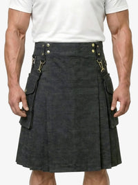 Person wearing a gray kilt on a white background