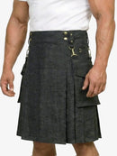 Person wearing a gray kilt on a white background