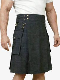 Person wearing a gray kilt on a white background