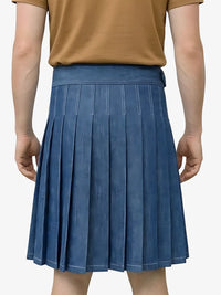 Blue pleated skirt worn by a person on a white background