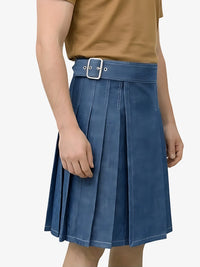 Blue pleated skirt with a belt worn by a person on a white background