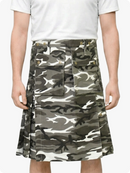 Camouflage skirt worn by a person on a white background
