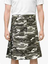 Camouflage skirt worn by a person on a white background