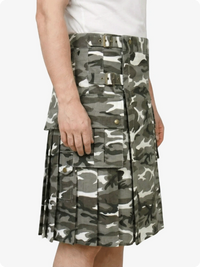 Camouflage kilt worn by a person on a white background