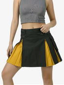 Woman wearing a black and yellow skirt on a white background