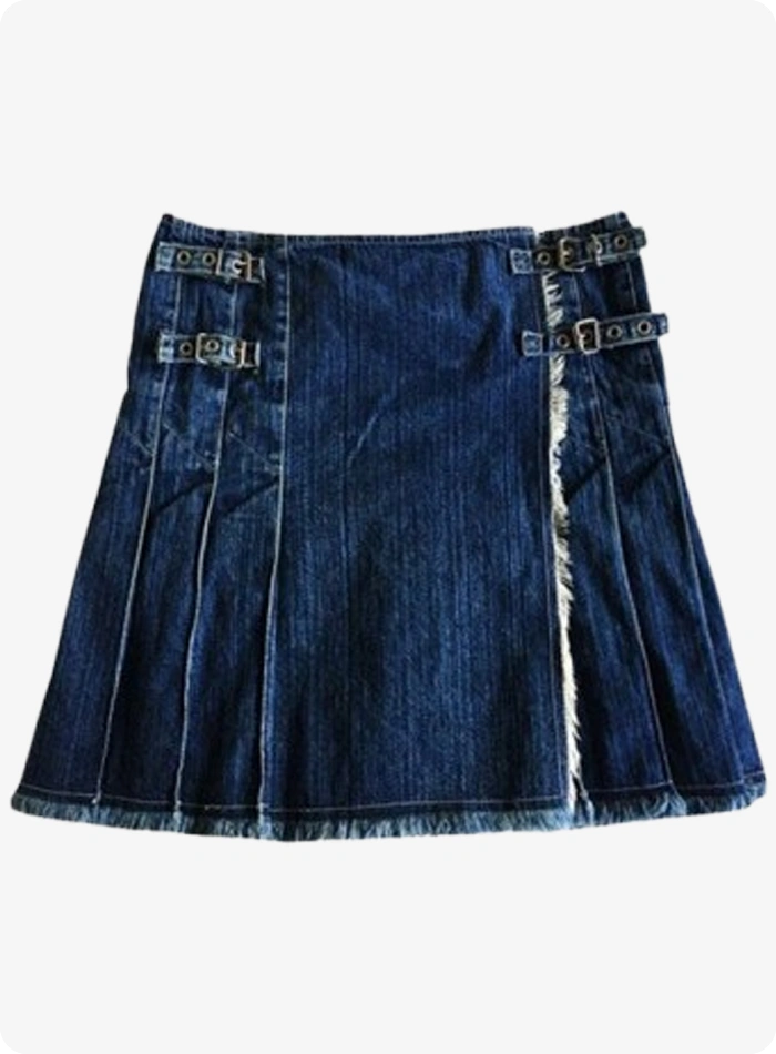 Custom Made Dark Blue Women Denim Pleated Kilt