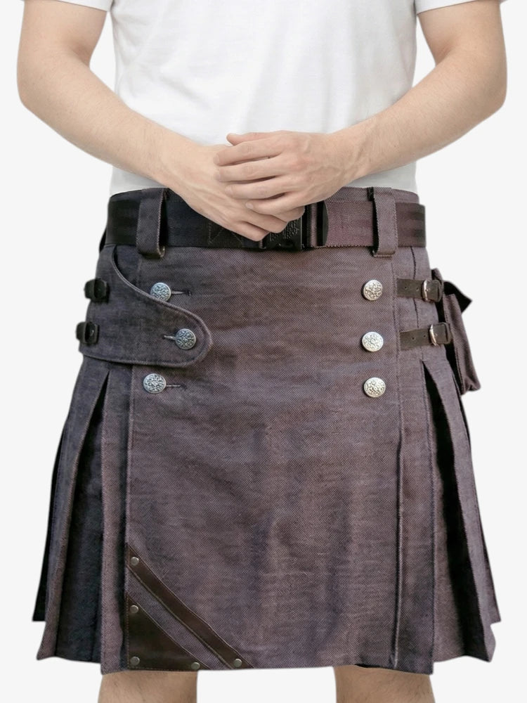 Dark Brown Denim Kilt with Decorative Detailing