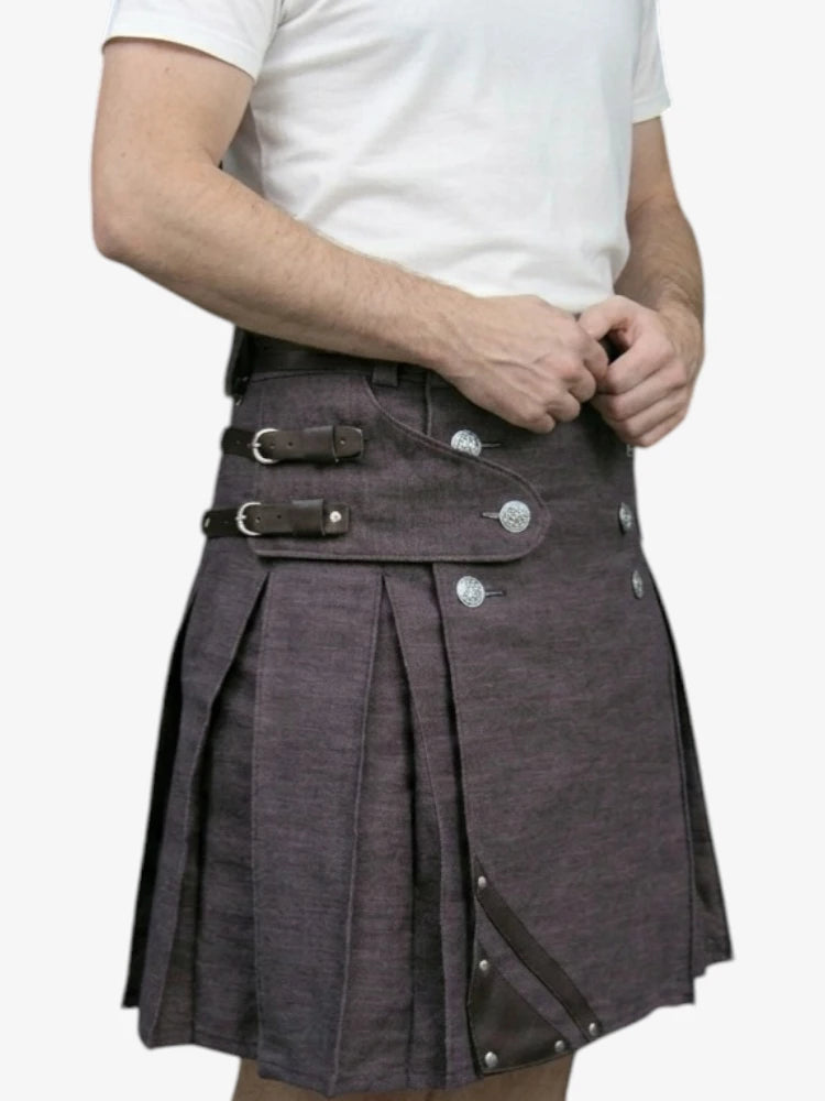 Dark Brown Denim Kilt with Decorative Detailing