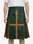 Dark Green and brown kilt with metal rings on a white background