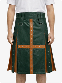 Dark Green and brown kilt with metal rings on a white background