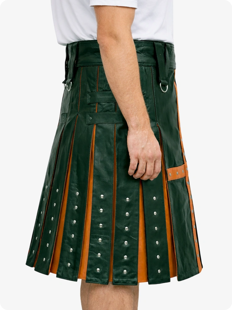 Dark Green Leather Utility Kilt with Brown Cross Panel & Metal Rivet Detailing