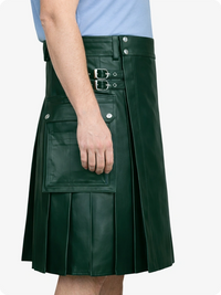 Dark Green Genuine Leather Utility Kilt with Side Pockets
