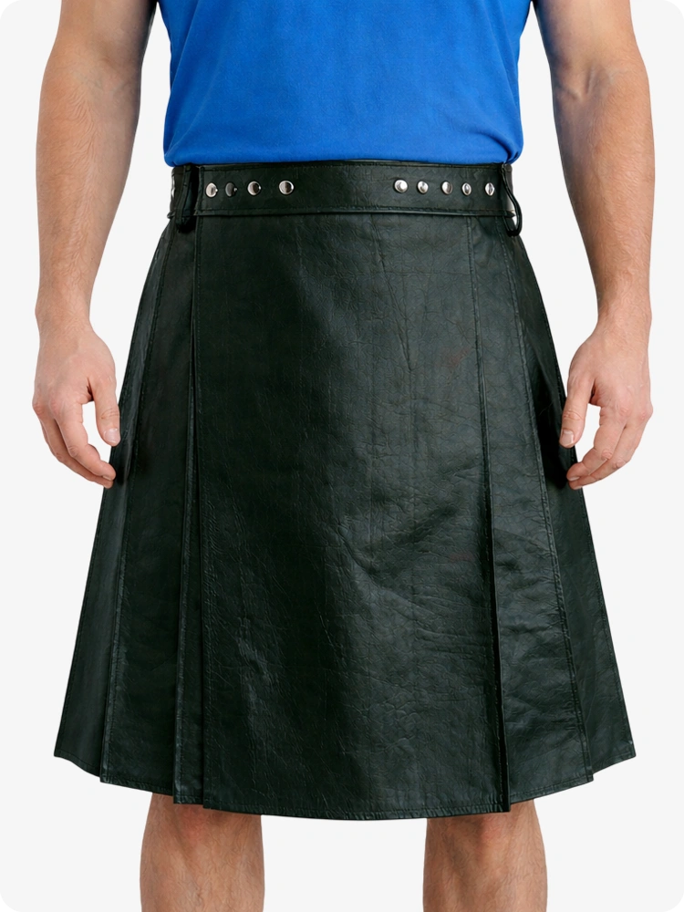 Dark Green Genuine Leather Utility Kilt with Studded Waistband